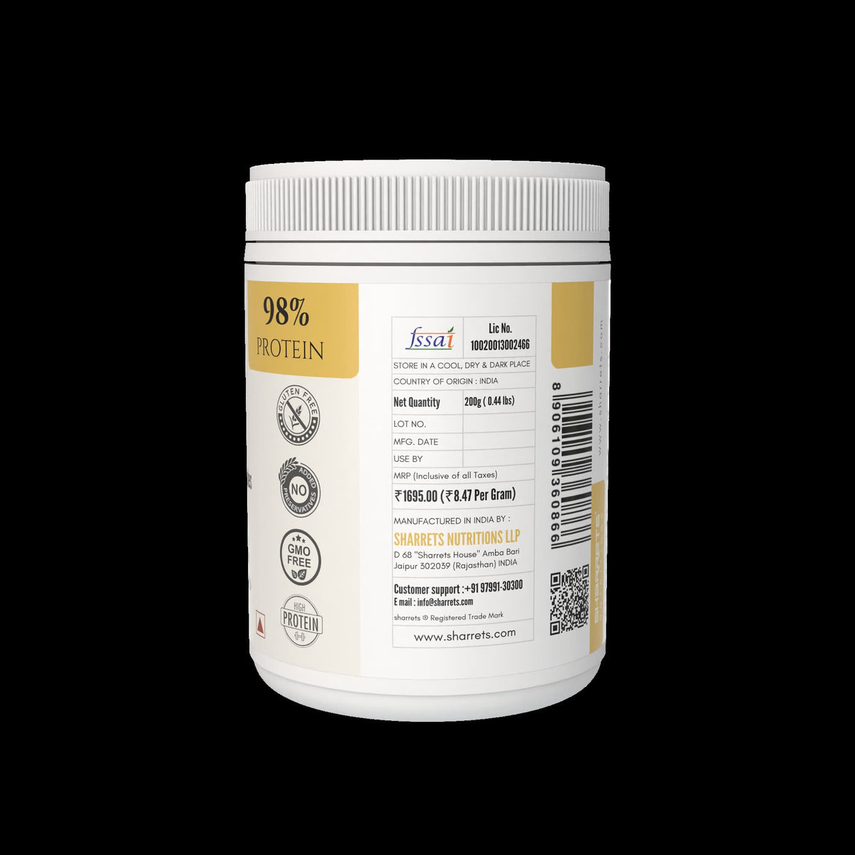 Sharrets CPH+ unflavoured collagen powder with fish collagen peptides, hyaluronic acid and vitamin C – product lifestyle image- showing fssai license, address, non gmo, gluten free badge
