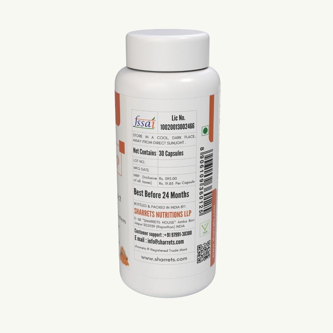 Curcumin piperine capsules packaging panel showing FSSAI license manufacturer address batch and lot number Sharrets Nutritions