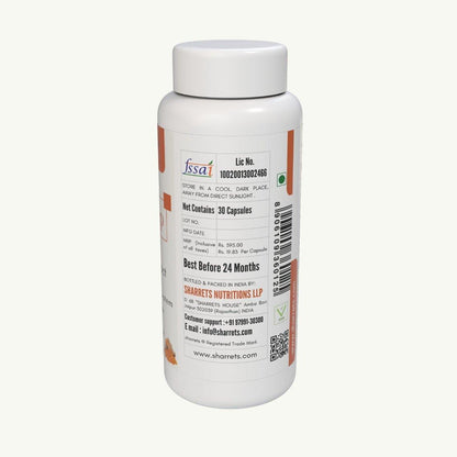 Curcumin piperine capsules packaging panel showing FSSAI license manufacturer address batch and lot number Sharrets Nutritions