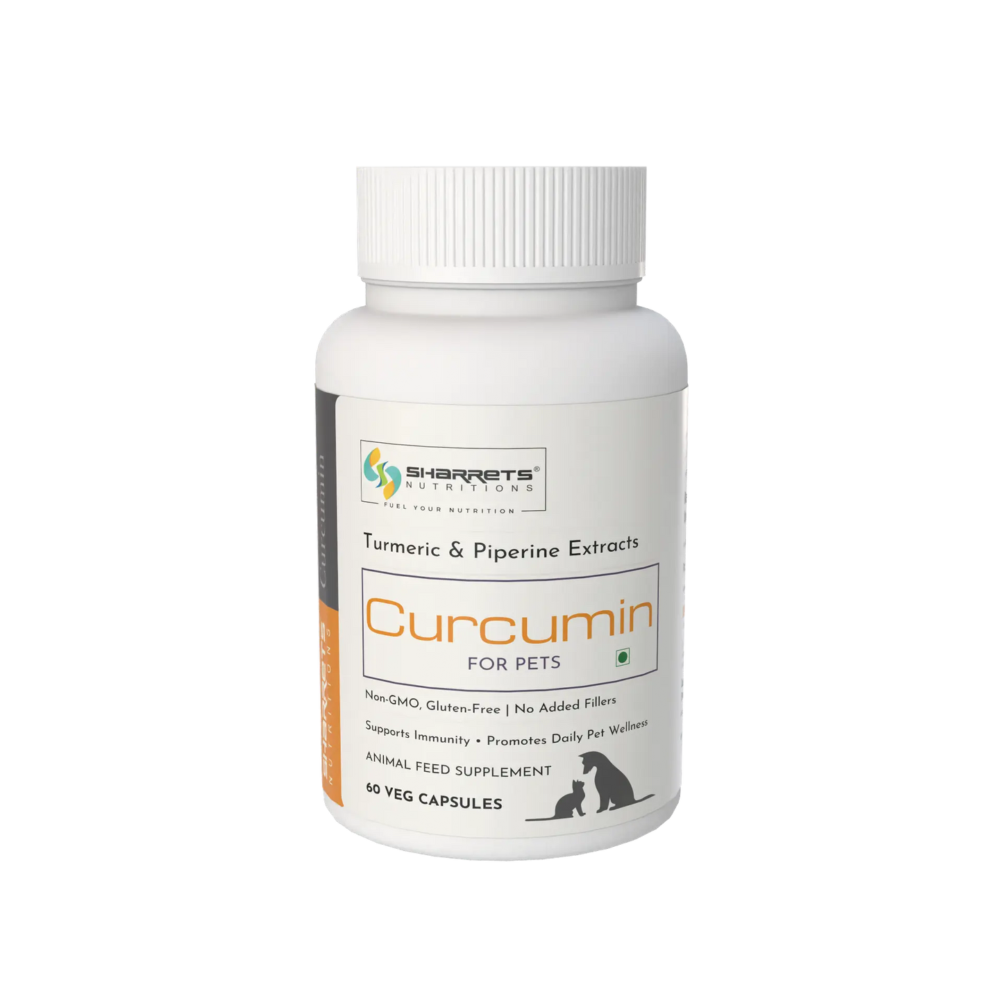Bottle of Sharrets Nutritions  Curcumin for pets on a white background