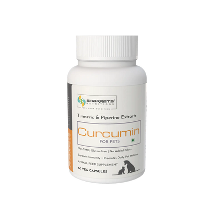 Bottle of Sharrets Nutritions  Curcumin for pets on a white background