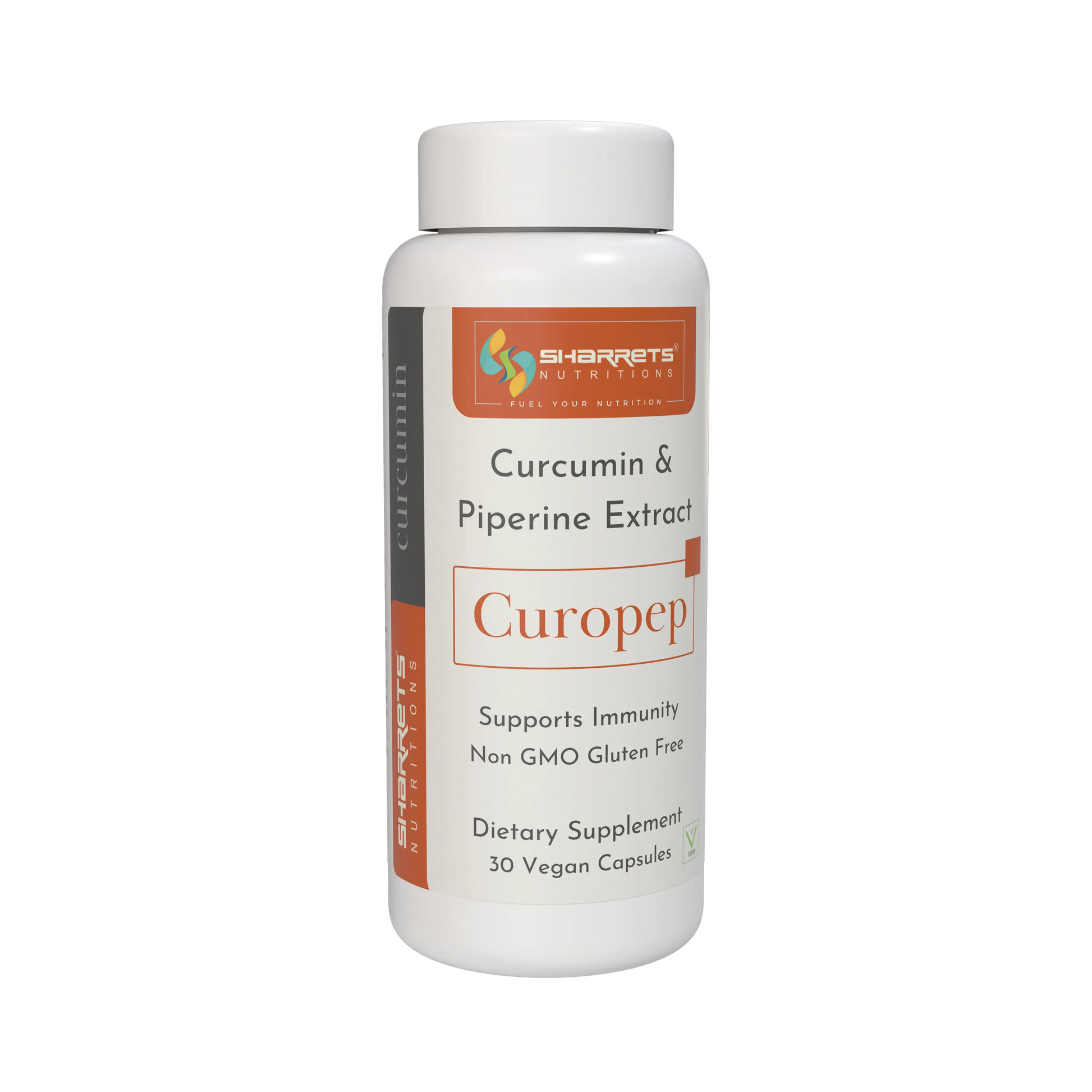 Supplement bottle labeled 'Curopep' with Curcumin & Piperine Extract on a white background