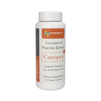 Supplement bottle labeled 'Curopep' with Curcumin & Piperine Extract on a white background