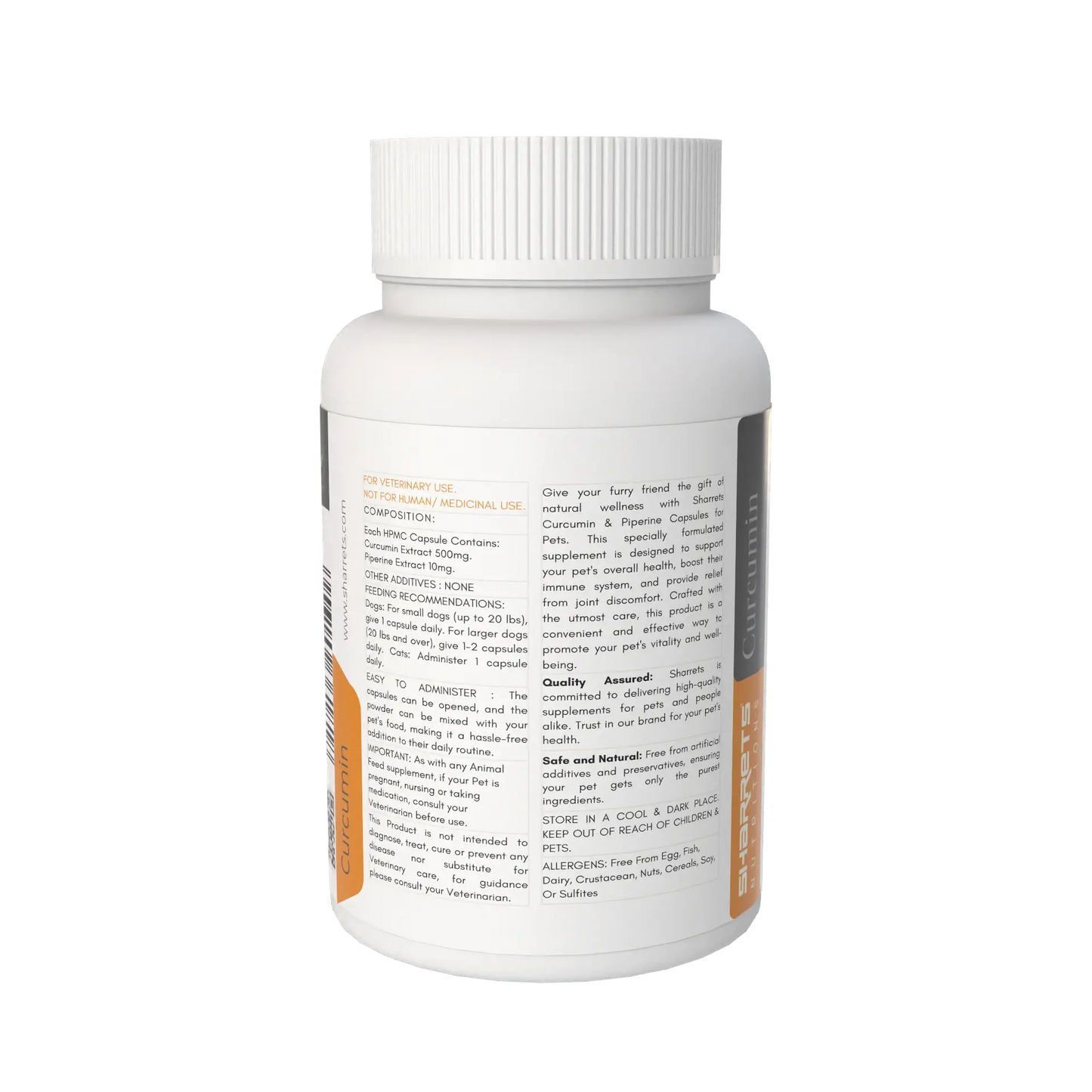 White supplement bottle with label on a white background -Curcumin Piperine Capsules For Pets