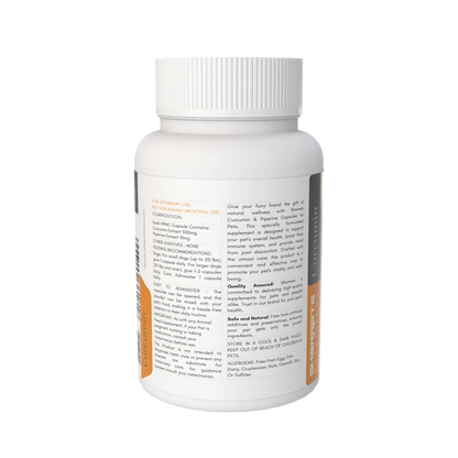 White supplement bottle with label on a white background -Curcumin Piperine Capsules For Pets