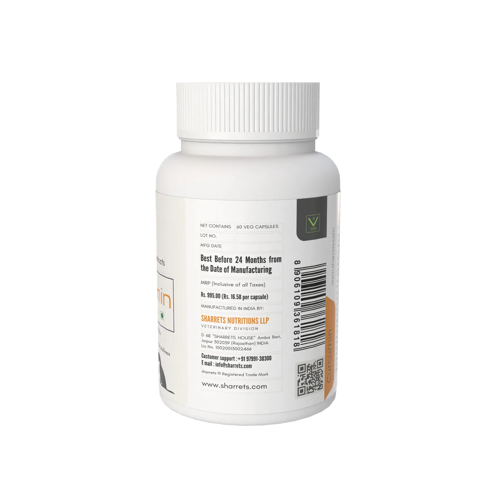White supplement bottle with label on a white background - Curcumin Piperine Capsules For Pets