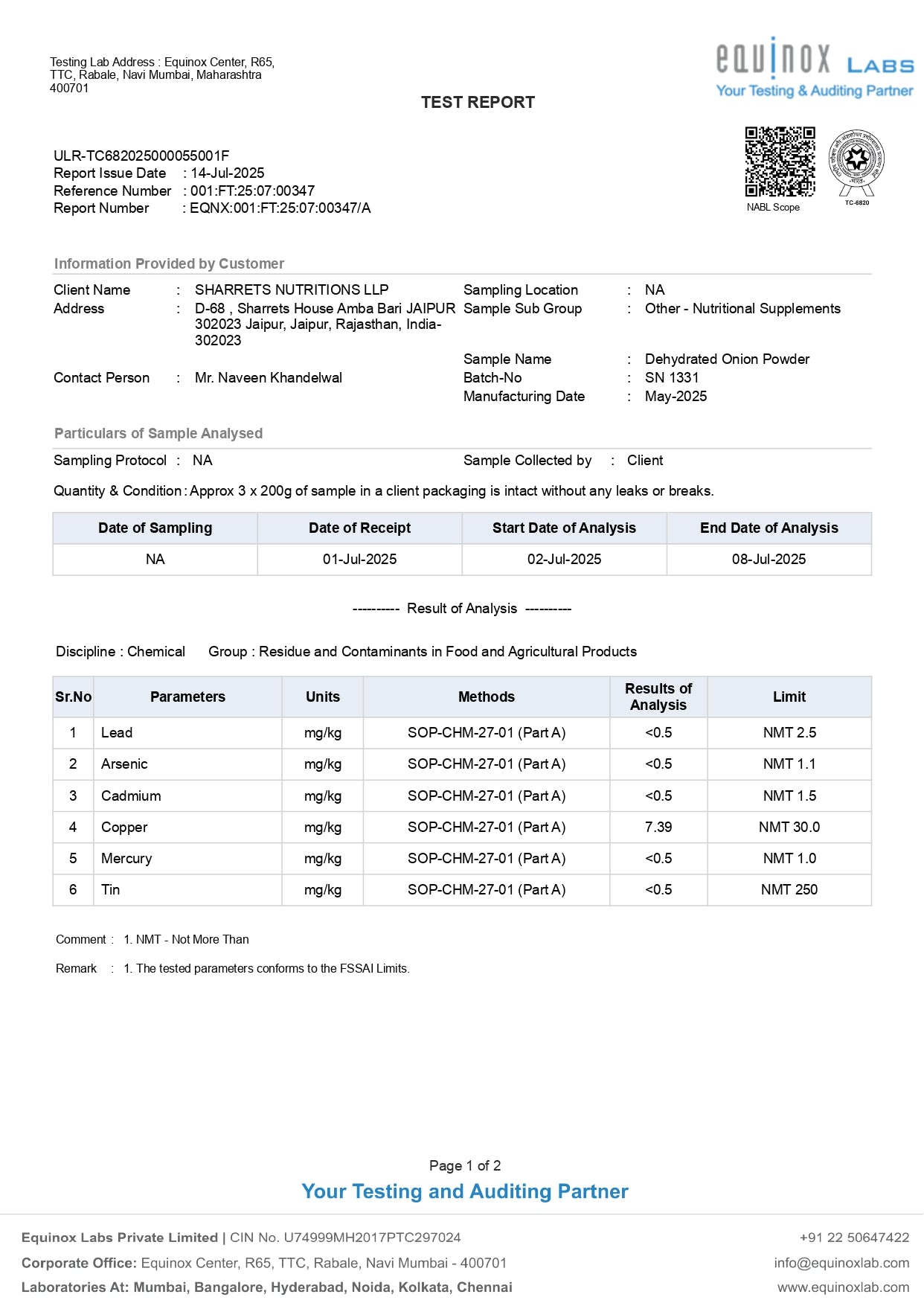 Heavy metals test report COA for Sharrets Pure Dehydrated Onion Powder showing lead, arsenic, cadmium and mercury analysis