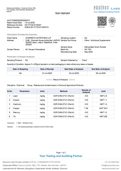 Heavy metals test report COA for Sharrets Pure Dehydrated Onion Powder showing lead, arsenic, cadmium and mercury analysis