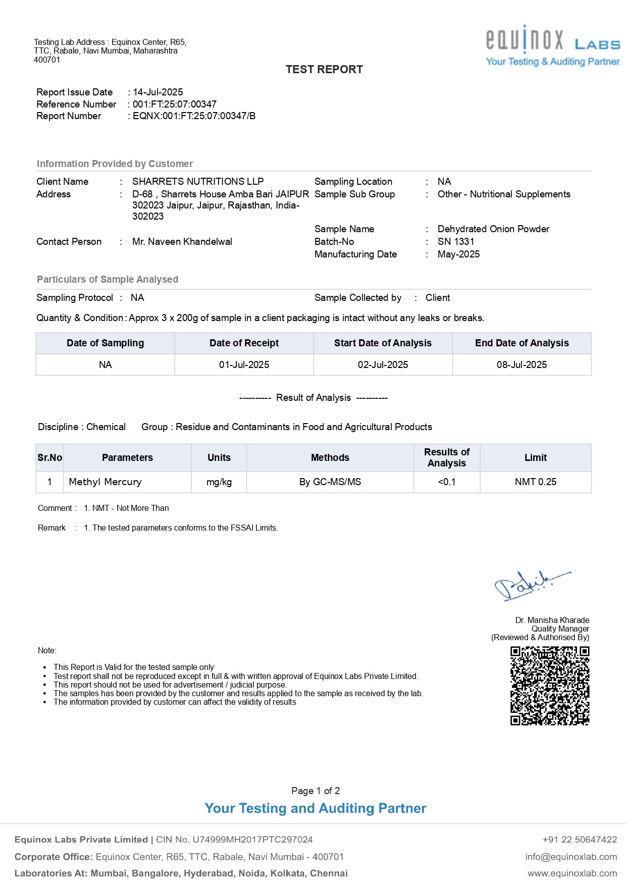 Heavy metals test report COA for Sharrets Pure Dehydrated Onion Powder showing lead, arsenic, cadmium and mercury analysis