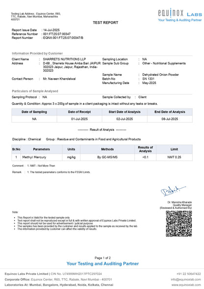 Heavy metals test report COA for Sharrets Pure Dehydrated Onion Powder showing lead, arsenic, cadmium and mercury analysis