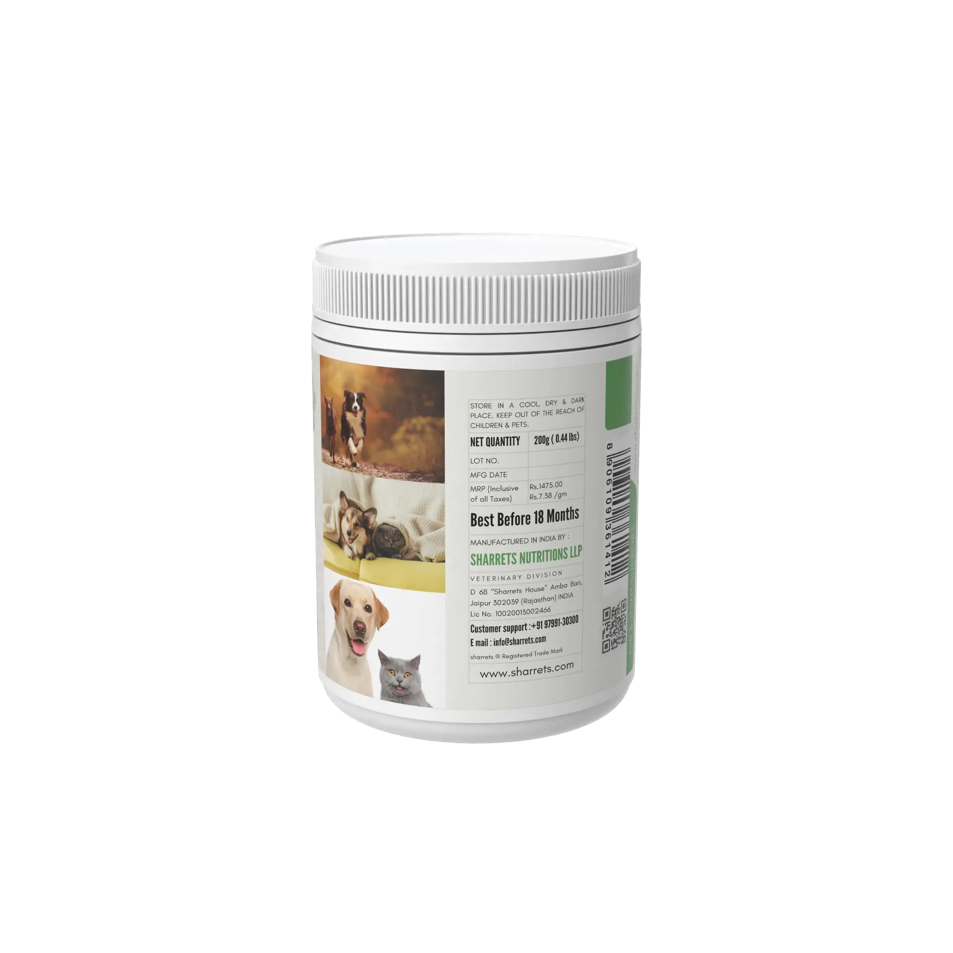 Hip and Joint Support Supplement for Dogs and Cats with Collagen Hyaluronic Acid and Vitamins – 200g Jar