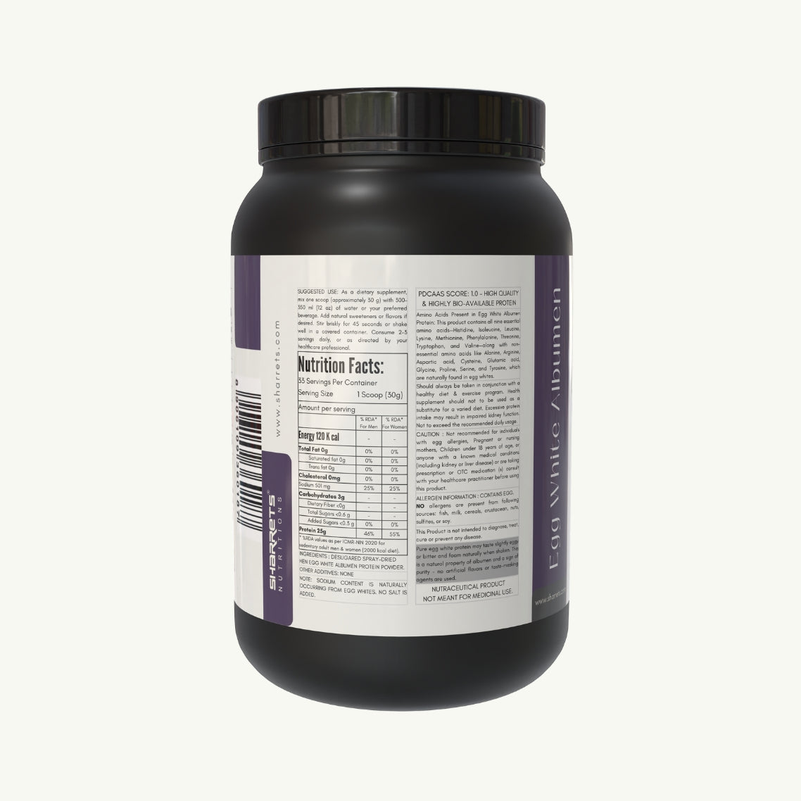 Egg white albumen protein powder jar side label showing product information