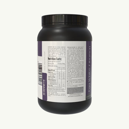 Egg white albumen protein powder jar side label showing product information