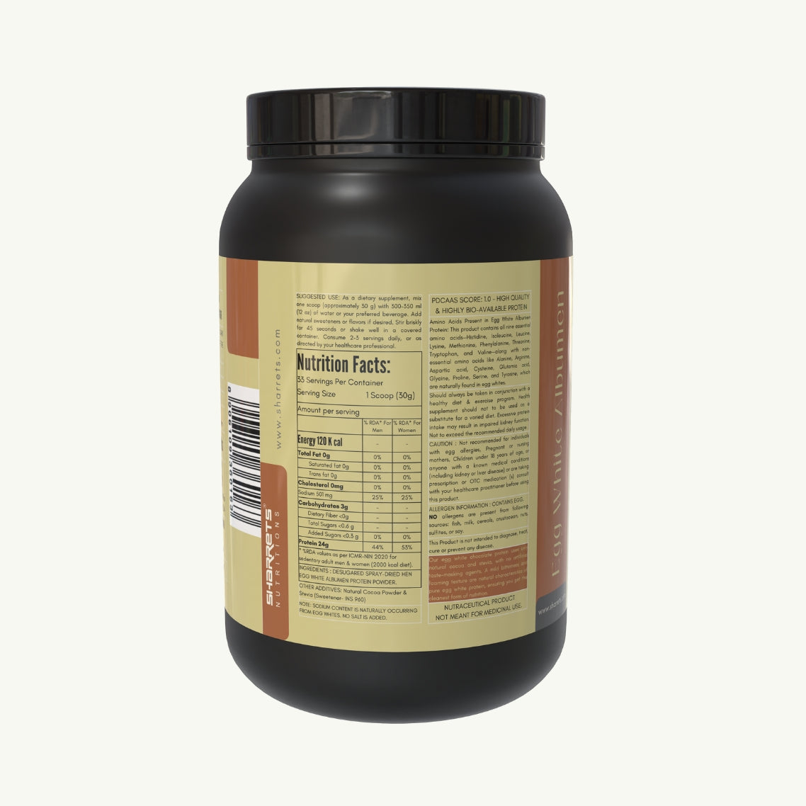 Egg white albumen protein powder jar side label showing product information