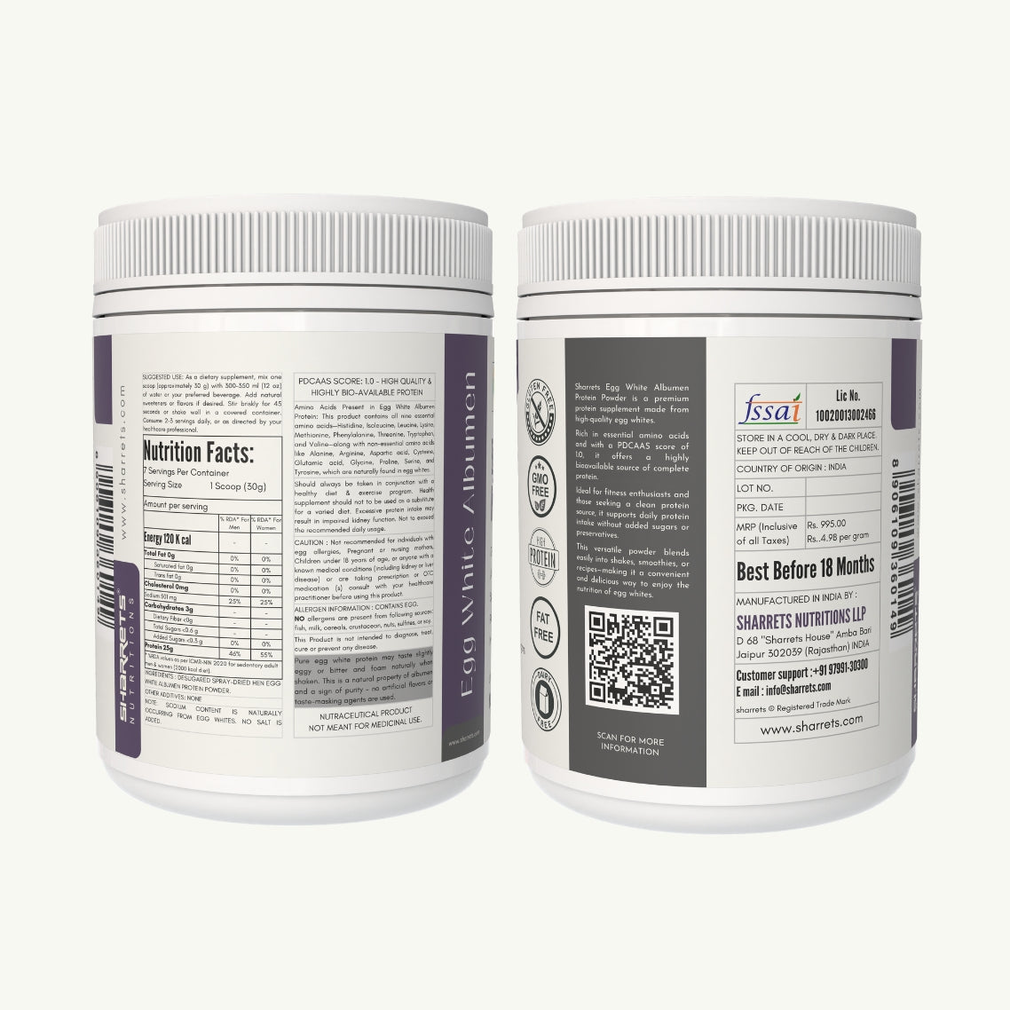 Egg white albumen protein powder jar side label showing product information