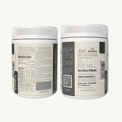Egg white albumen protein powder jar side label showing product information
