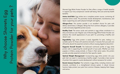 Egg white protein powder for dogs and cats showing benefits like amino acid support, healthy coat, digestion and immune health