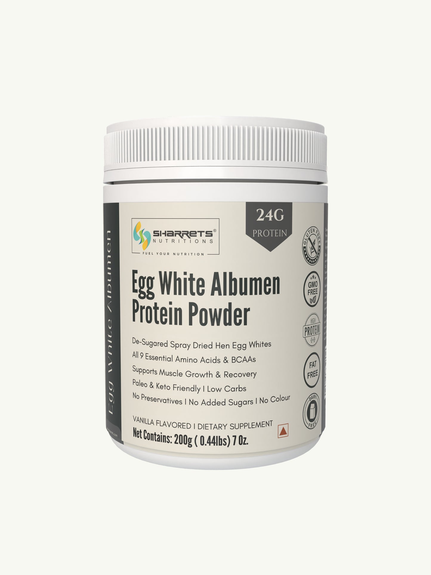 Egg white albumen protein powder vanilla flavored 200g jar with 24g protein per serving