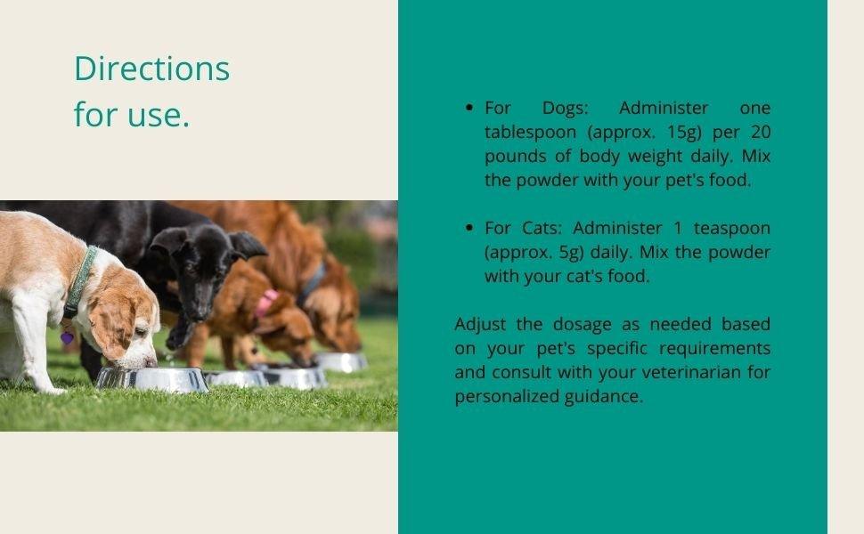 Egg white protein powder dosage guide for dogs and cats showing daily feeding directions for pet protein supplement