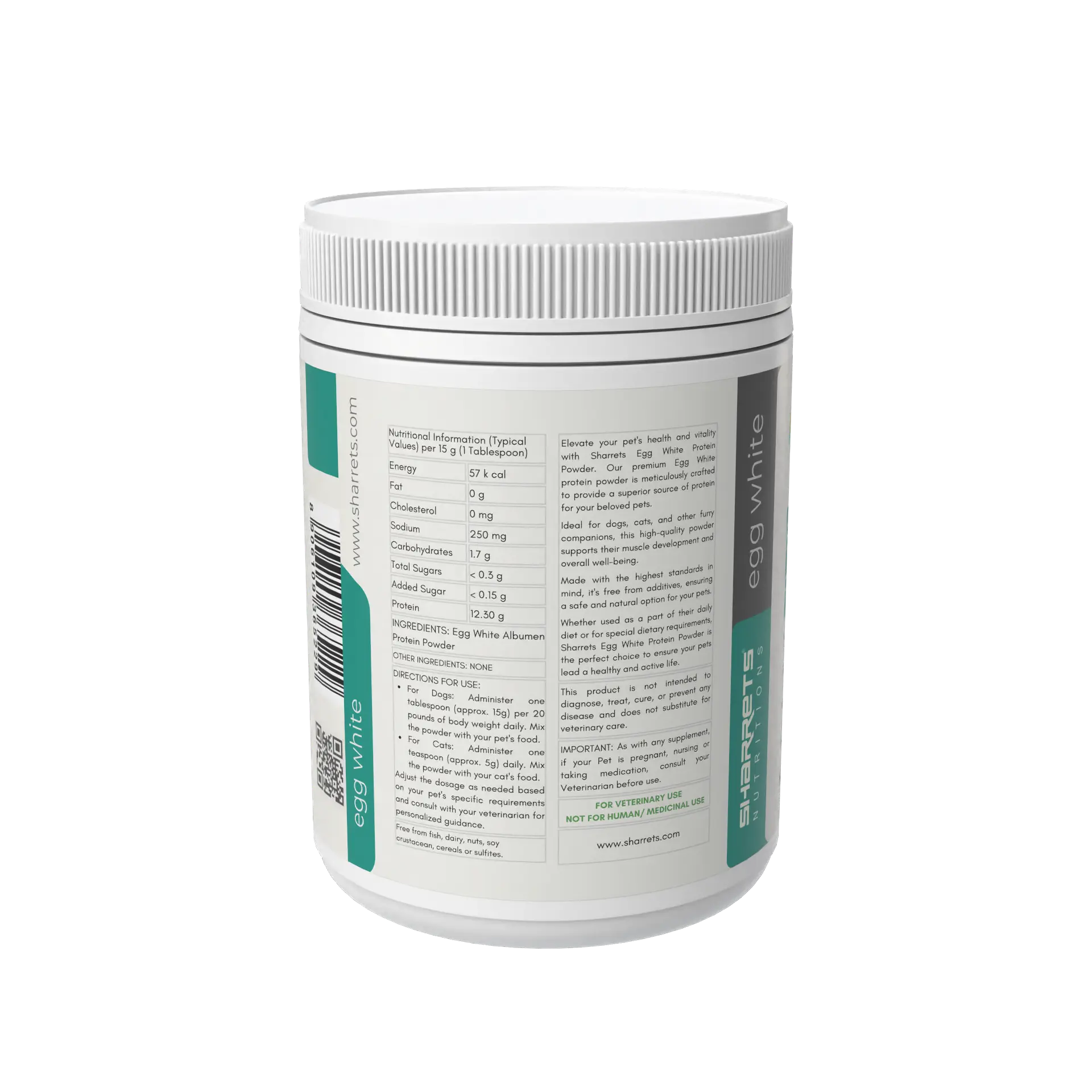 Ingredients panel of egg white protein powder for dogs and cats showing egg albumin composition