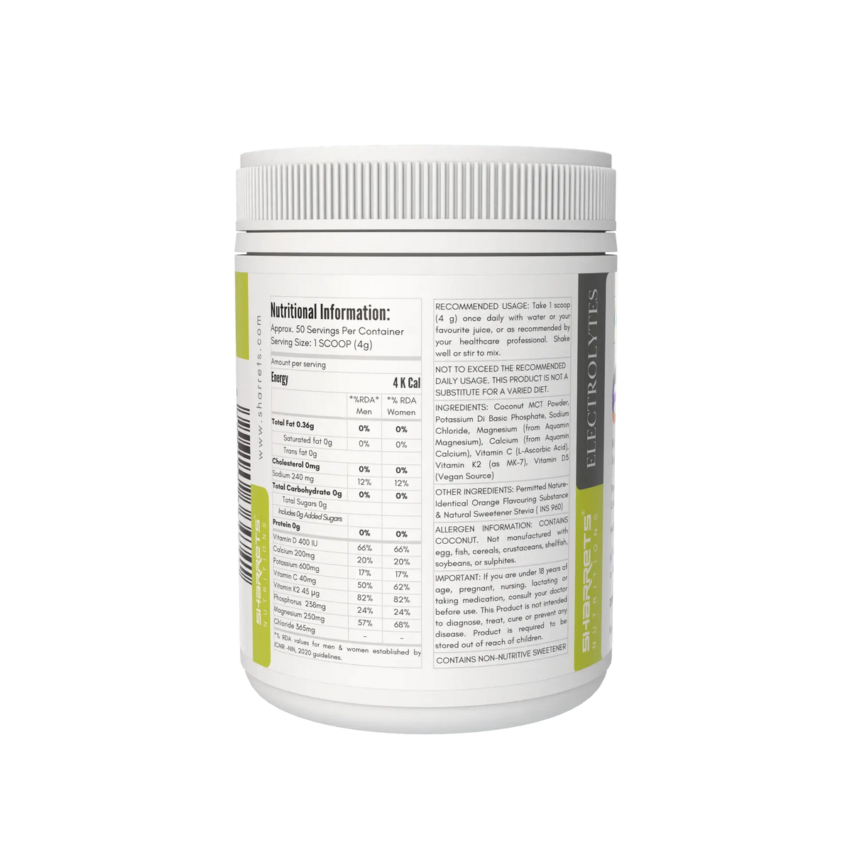 A white plastic tub of Sharrets Electrolytes powder with a white ribbed cap, showing the back label with nutritional information and ingredients on a solid white background.