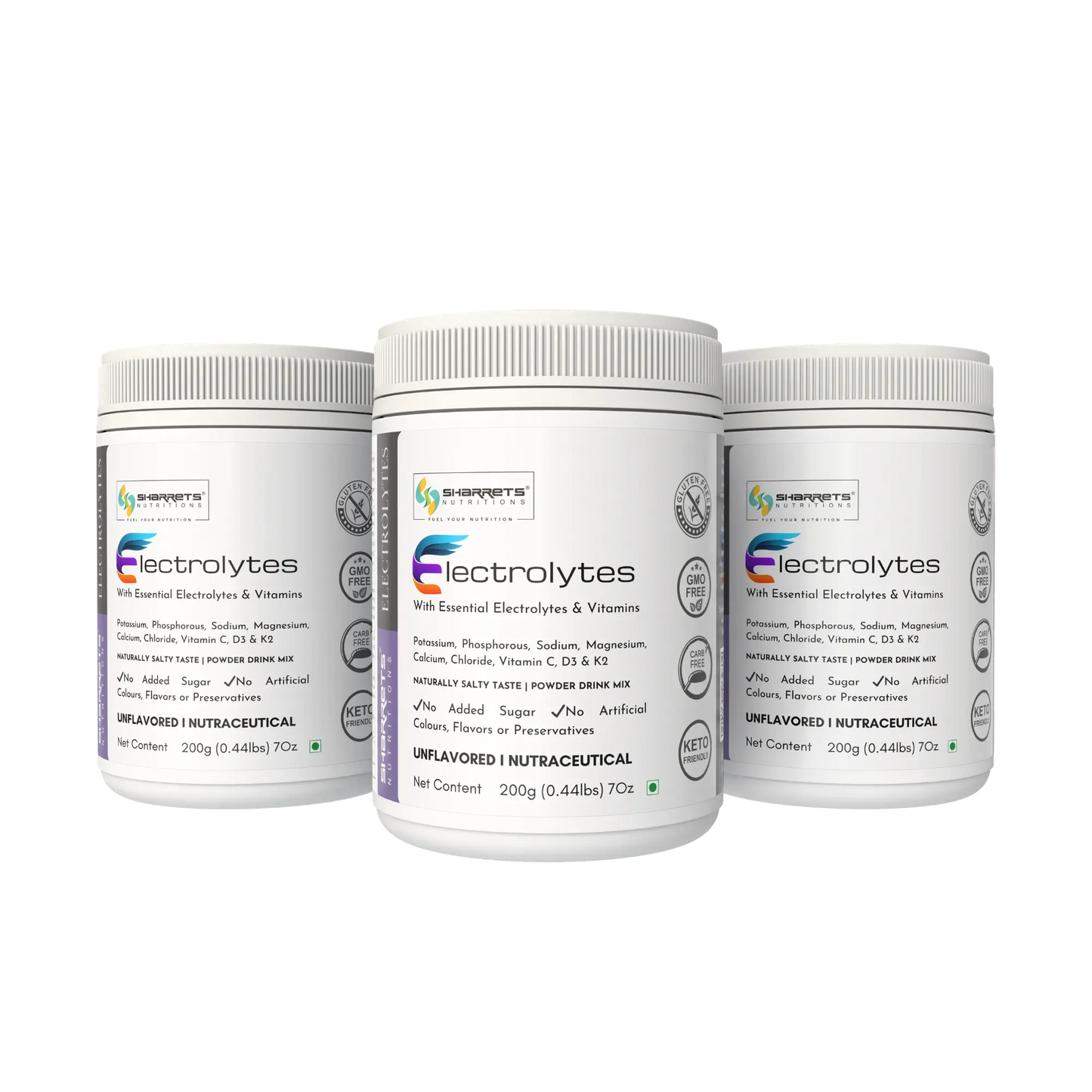 Three containers of Sharrets Unflavored Premium sugar-free electrolytes powder in India for hydration, muscle recovery & endurance. Ideal for gym, keto diet & fasting support. 