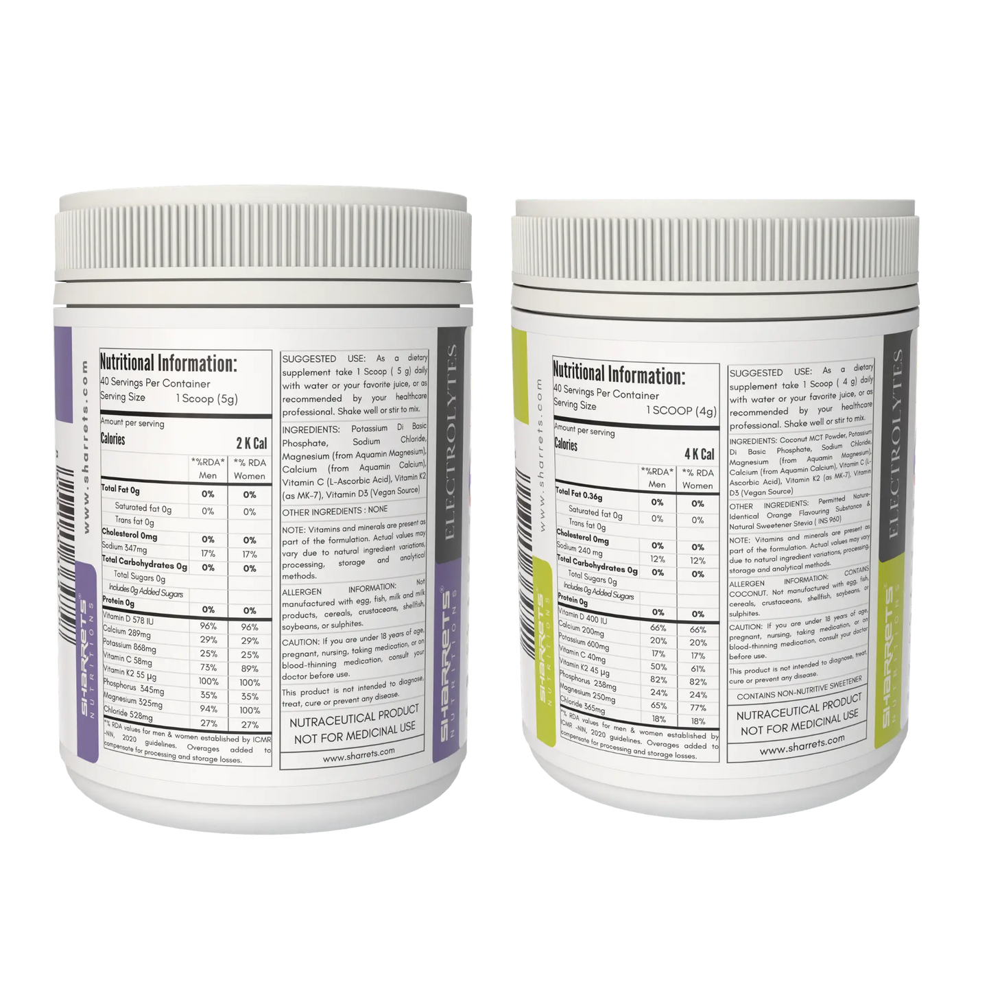 Two containers of sharrets electrolytes powder with nutritional information labels on a white background