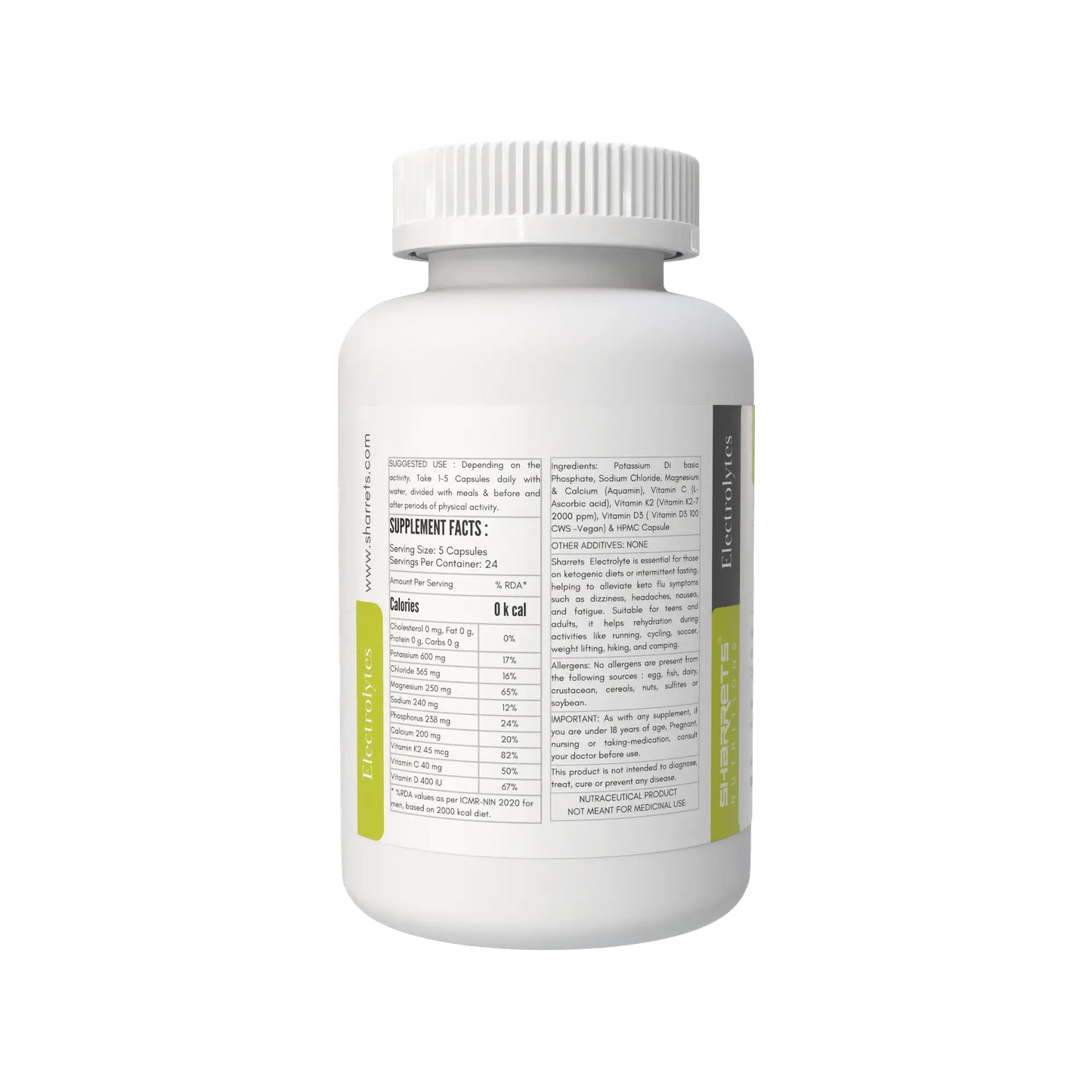White supplement bottle with label on a white background - Electrolytes Supplement Capsules For Hydration & Energy
