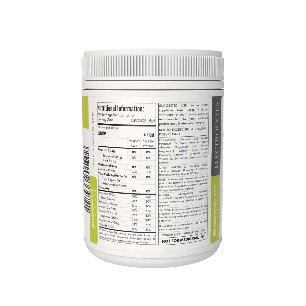 A white plastic tub of sharrets dietary supplement powder shown from the back, displaying the detailed nutritional information label, with a lime green side panel and white lid on a plain white background.