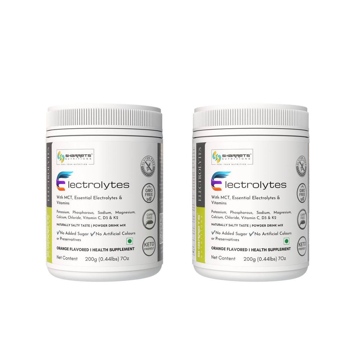 Sharrets electrolytes Powder orange flavored 200g with Essential Vitamins & Minerals- sodium, potassium, magnesium, and calcium, along with added vitamins such as vitamin C, vitamin K2, and vitamin D3 - pack of 2