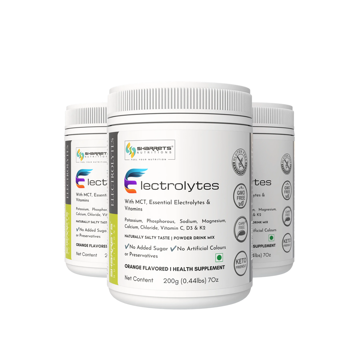 Sharrets electrolytes Powder orange flavored 200g with Essential Vitamins & Minerals- sodium, potassium, magnesium, and calcium, along with added vitamins such as vitamin C, vitamin K2, and vitamin D3.
