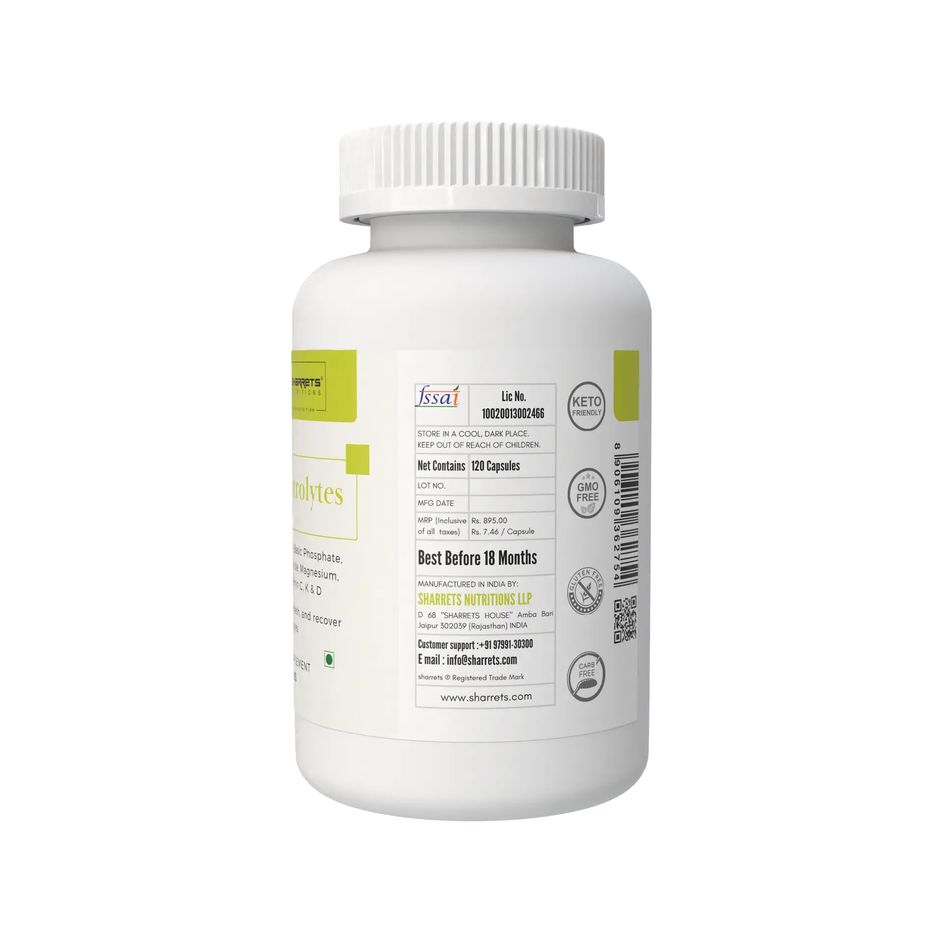 White supplement bottle with label on a white background - Electrolytes Supplement Capsules For Hydration & Energy