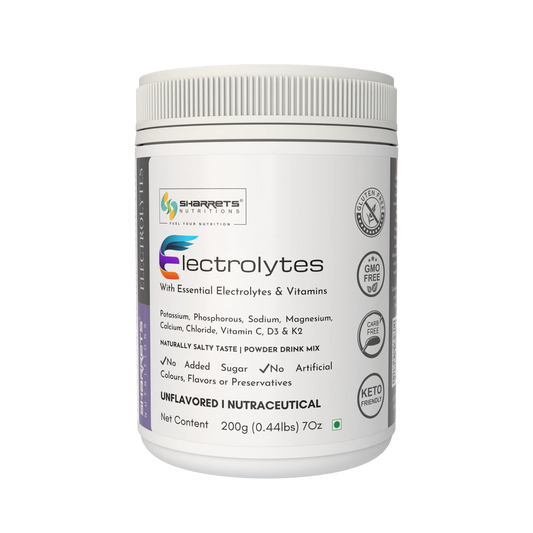 Electrolytes powder container with Sharrets Nutritions branding on a white background