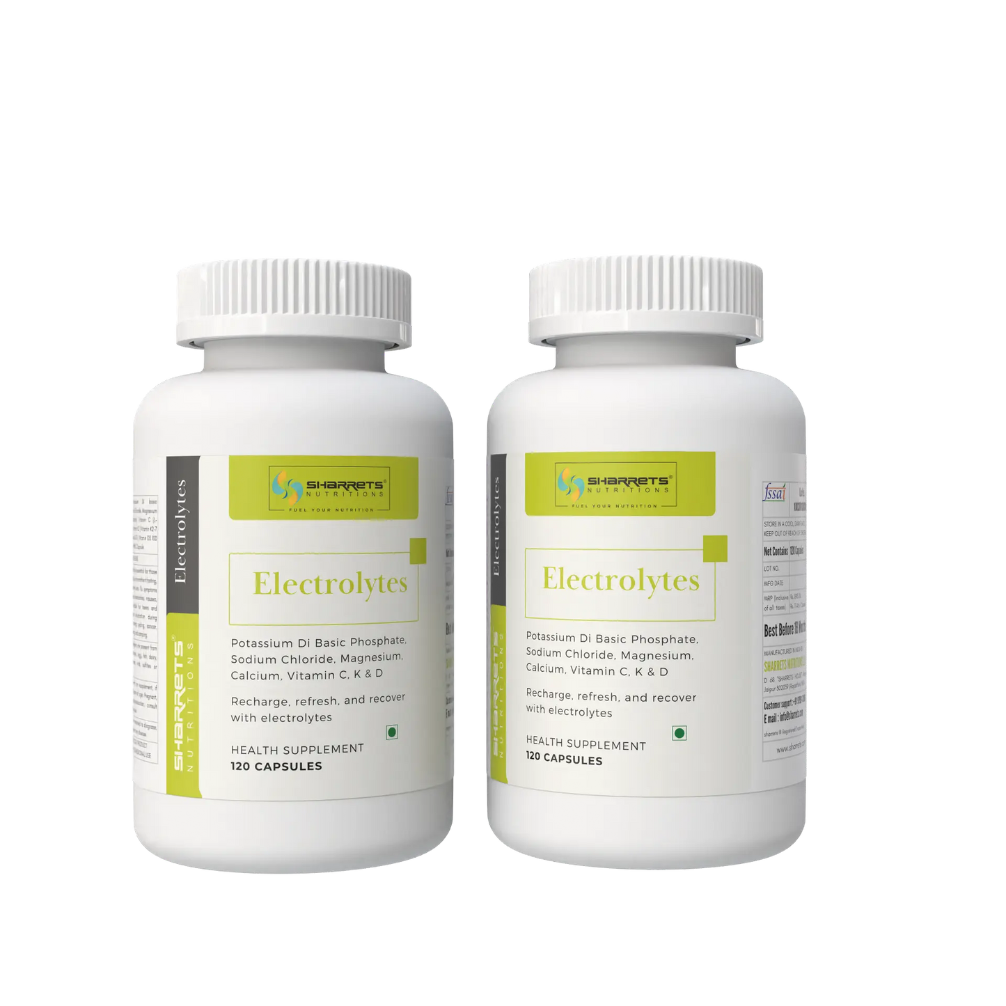 Two bottles of sharrets electrolyte supplements on a white background