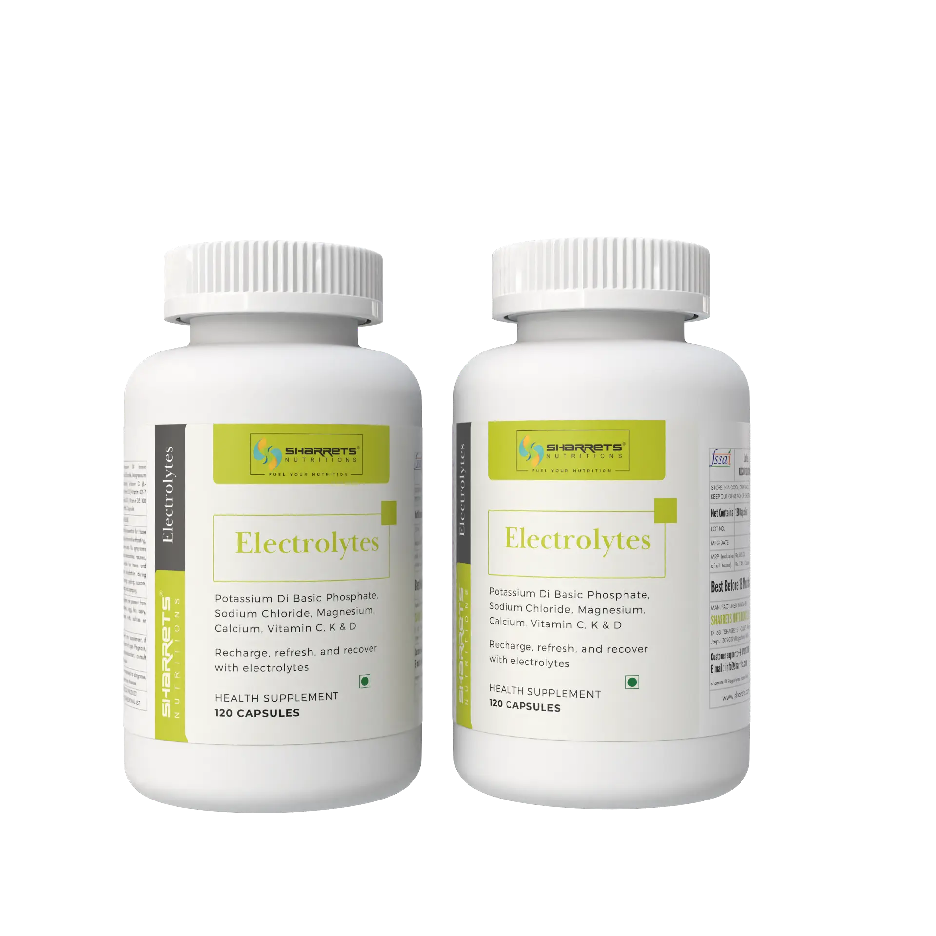 Two bottles of sharrets electrolyte supplements on a white background