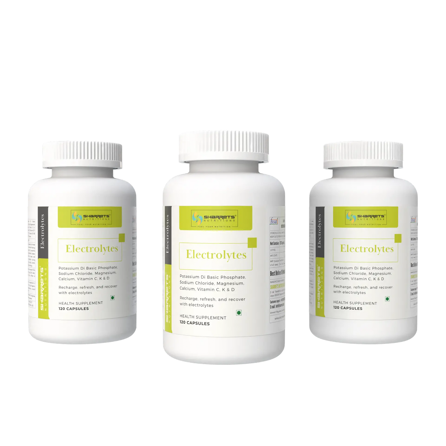 Three bottles of sharrets electrolyte supplements on a white background