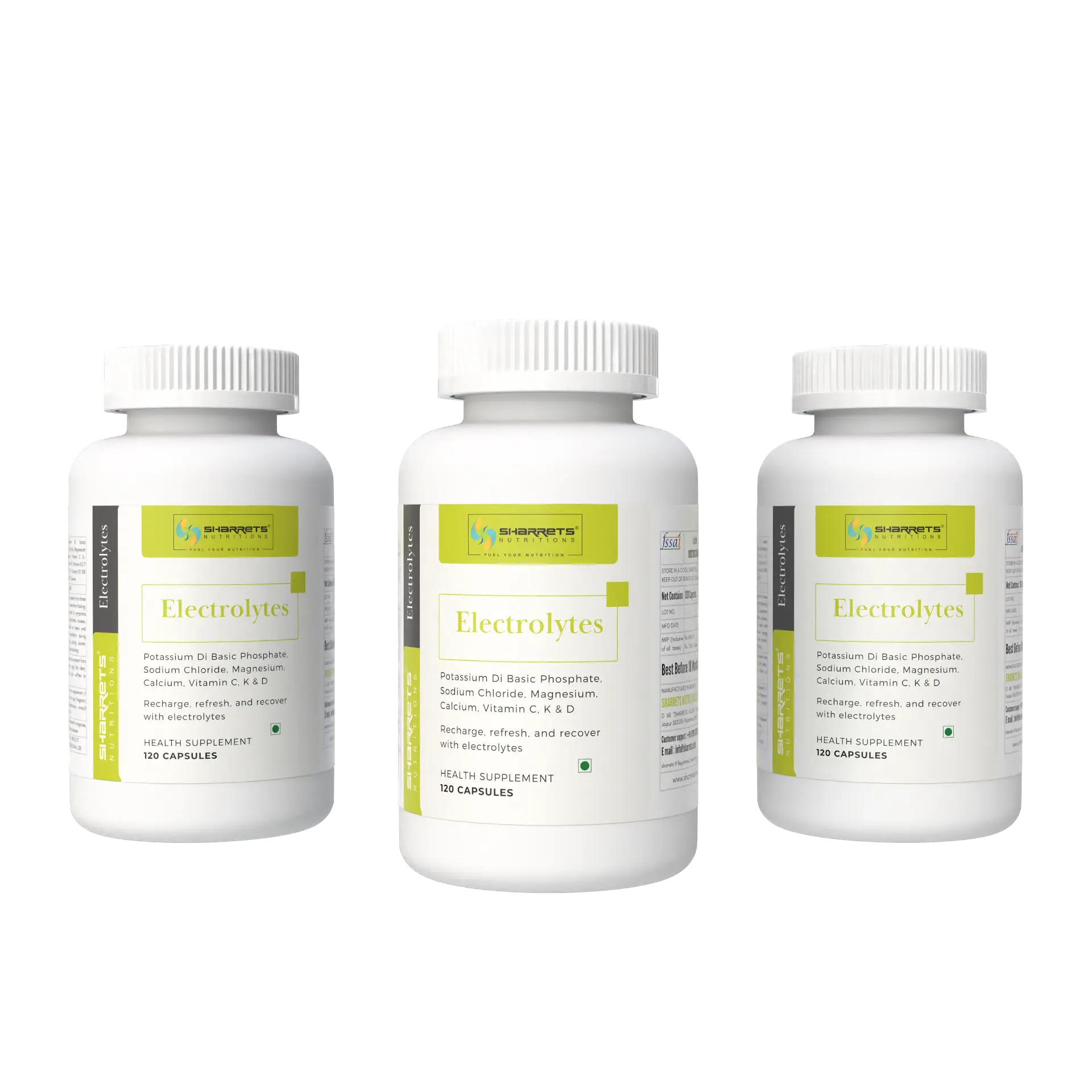 Three bottles of sharrets electrolyte supplements on a white background