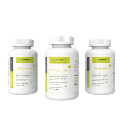 Three bottles of sharrets electrolyte supplements on a white background