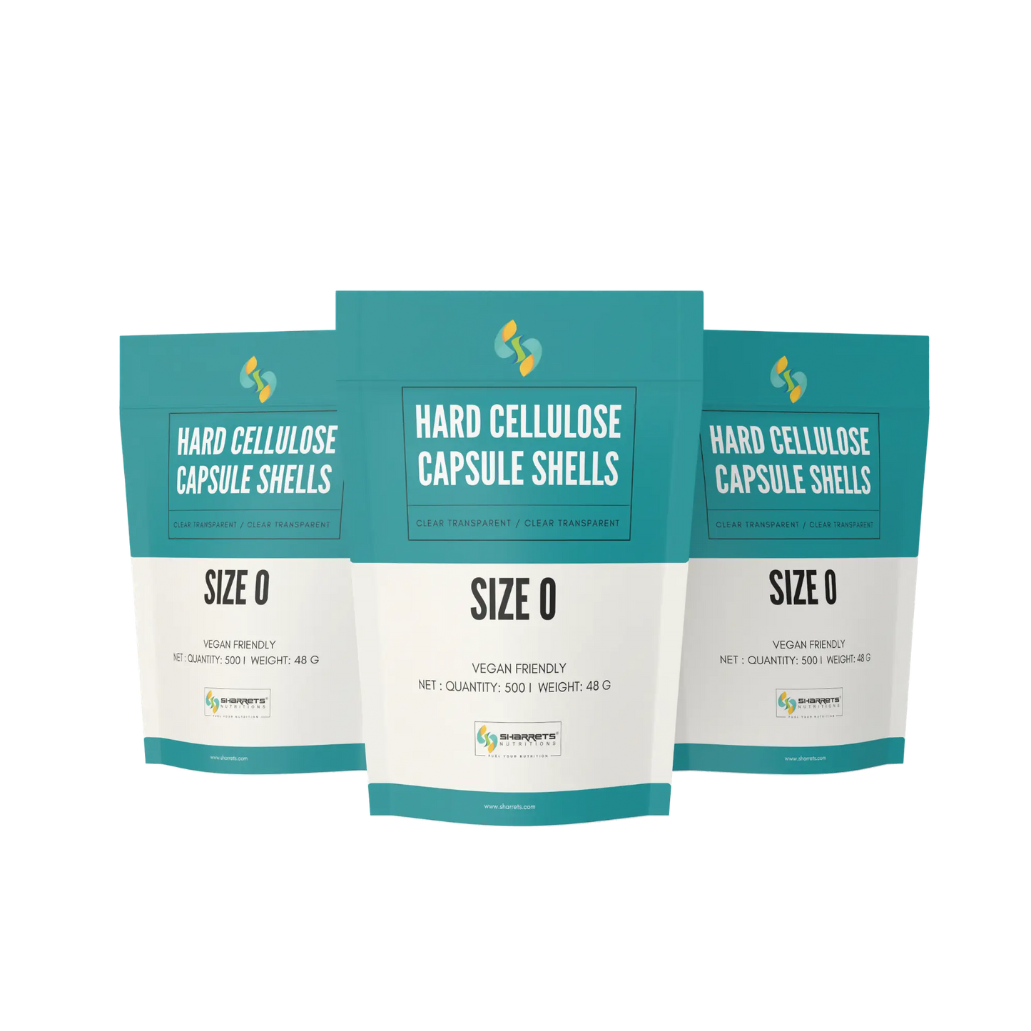 Three packages of sharrets hard cellulose capsule shells on a white background