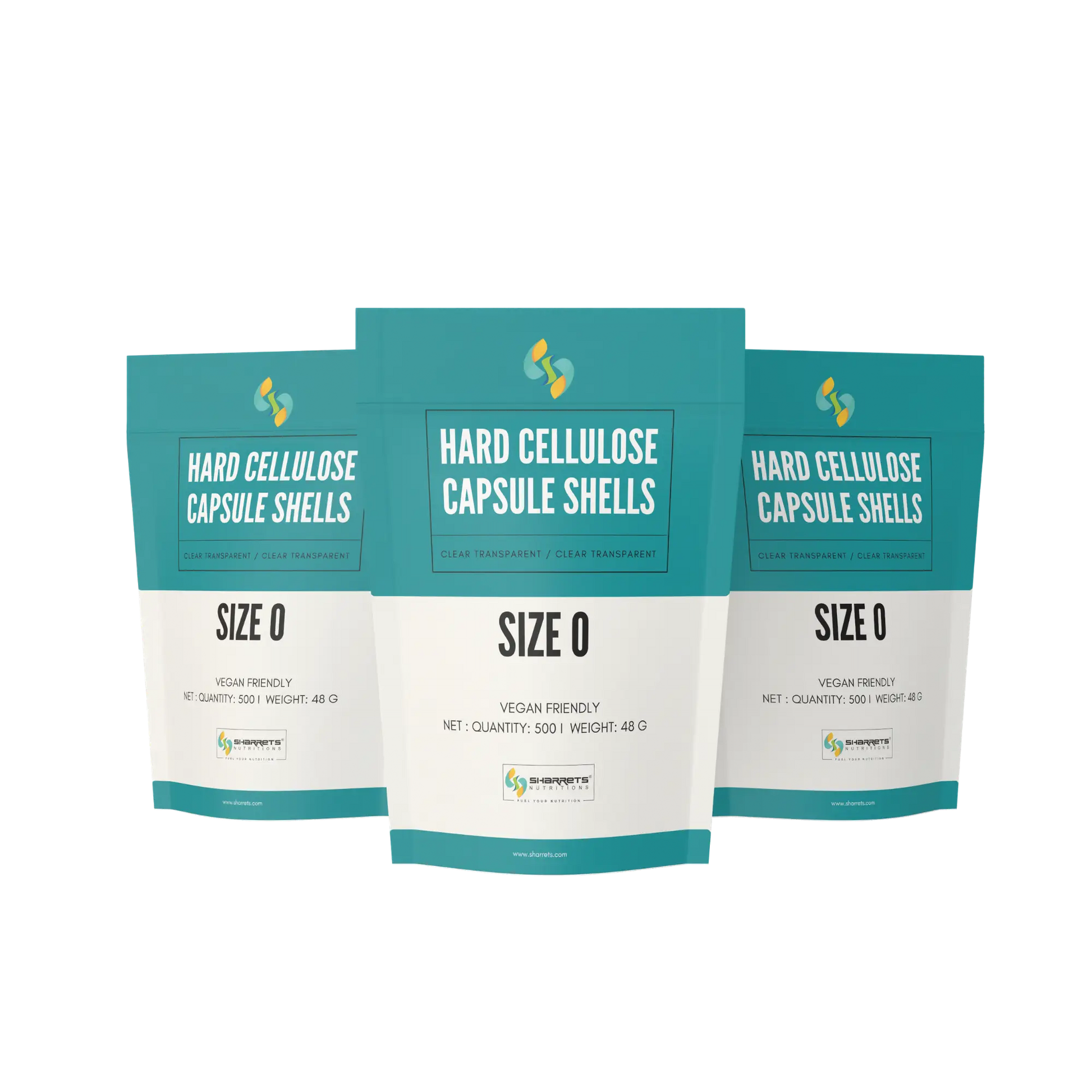 Three packages of sharrets hard cellulose capsule shells on a white background