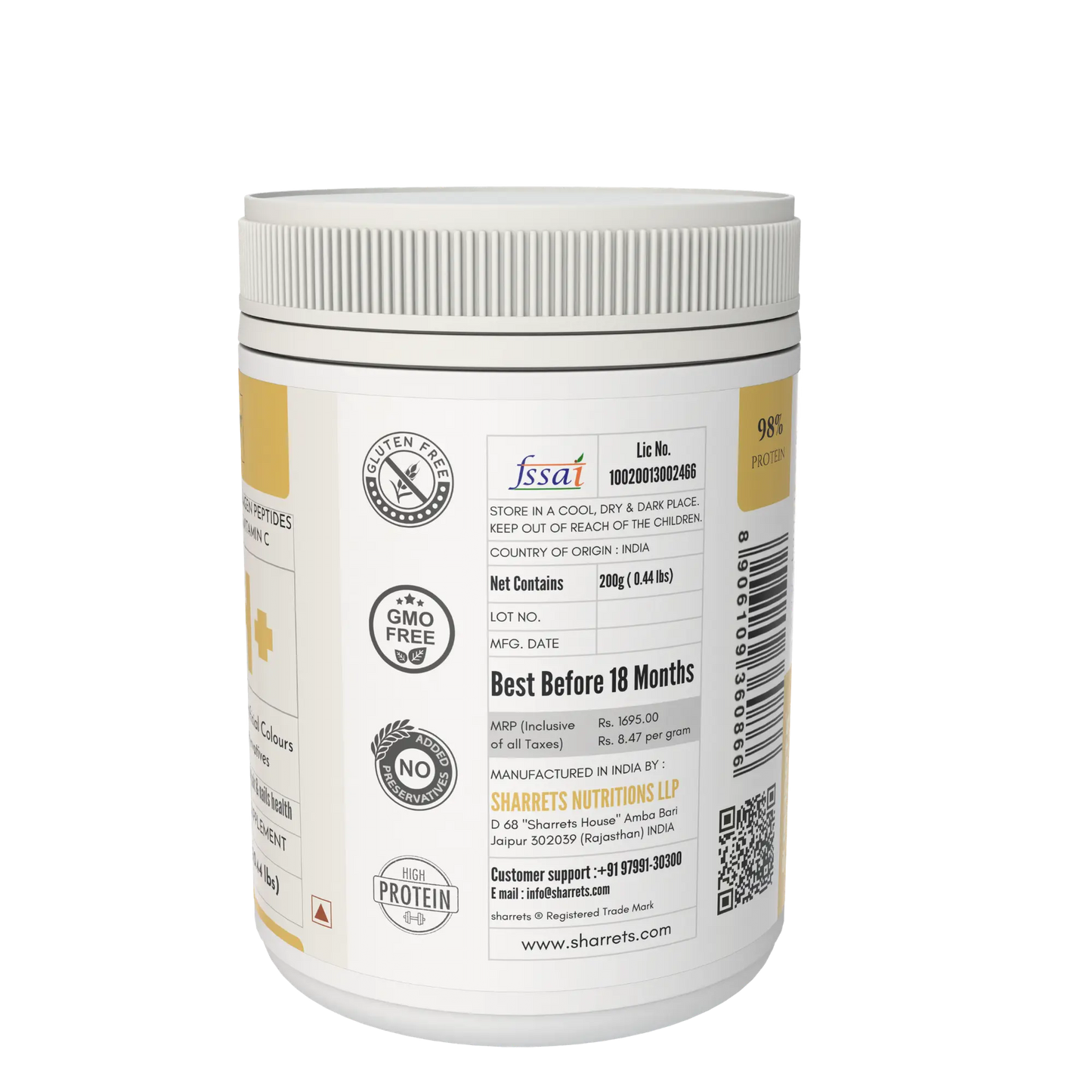 Sharrets CPH+ Marine Fish Collagen Powder (Type 1) with Hyaluronic Acid & Vitamin C – Collagen for Skin, Hair & Joints -200g