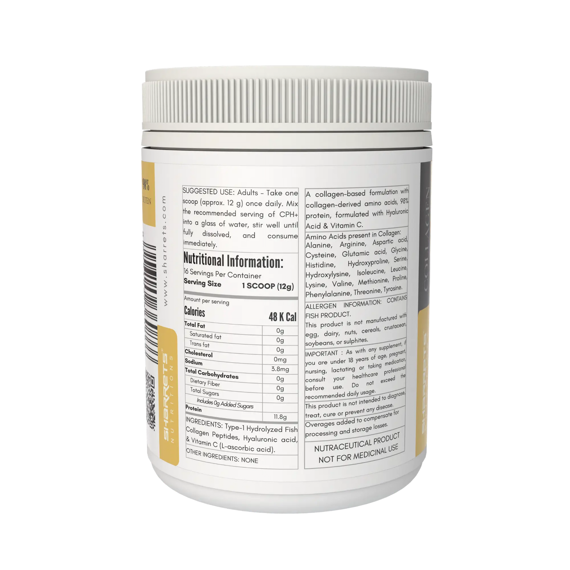 Nutritional Information of Sharrets CPH+ Marine Fish Collagen Powder (Type 1) with Hyaluronic Acid & Vitamin C – Collagen for Skin, Hair & Joints -200g