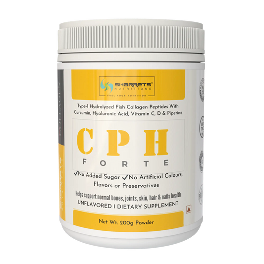 Sharrets CPH Forte Type I Hydrolyzed Fish Collagen Peptides Powder with Vitamin C, Vitamin D3, Curcumin, Hyaluronic Acid and Piperine – 200g supplement for skin, joints, bones and immunity