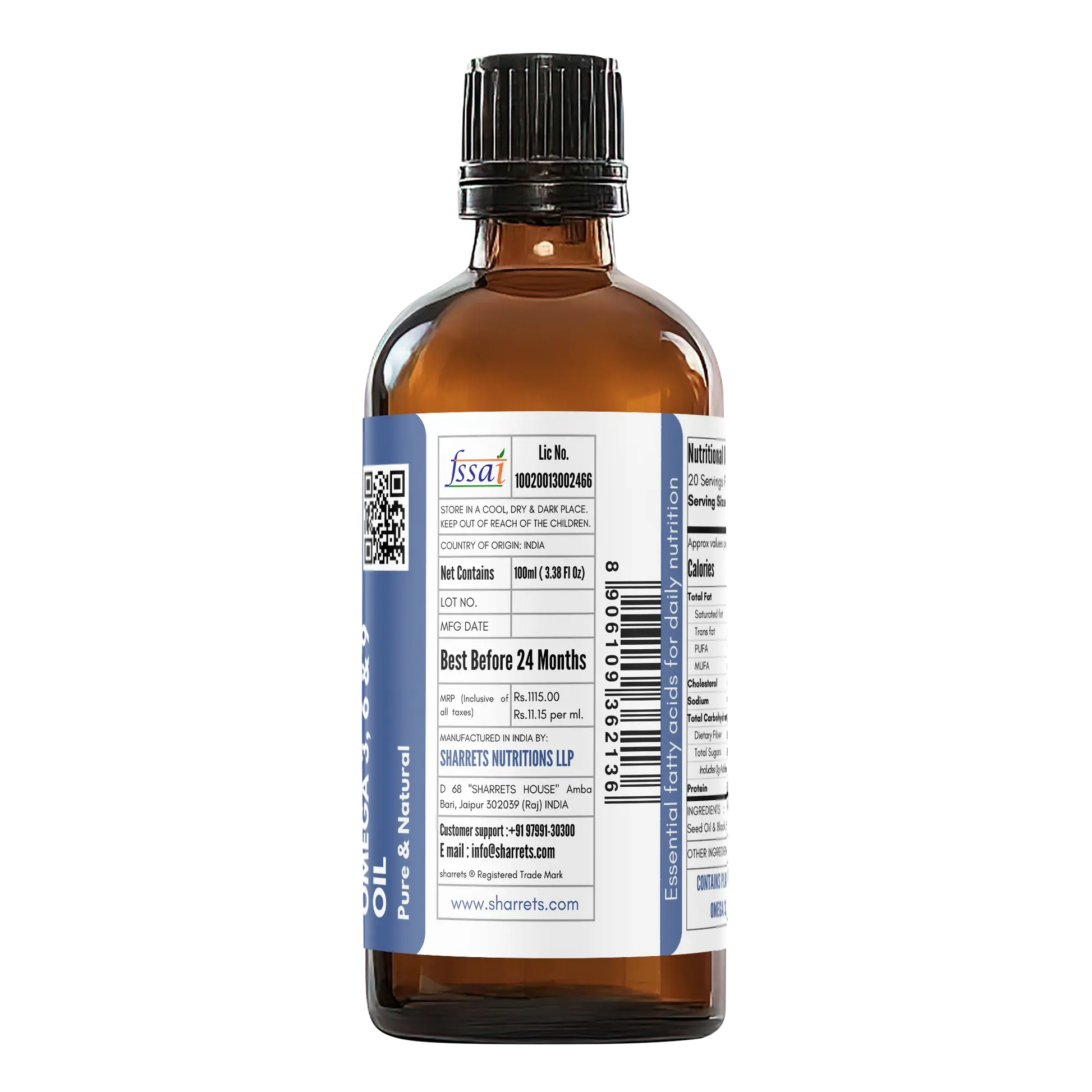 FSSAI license manufacturer address and product details label of flaxseed and black seed oil supplement
