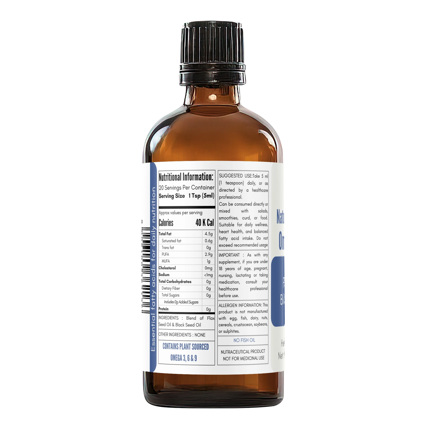 Nutrition facts and ingredients label of flaxseed and black seed oil omega 3 6 9 supplement