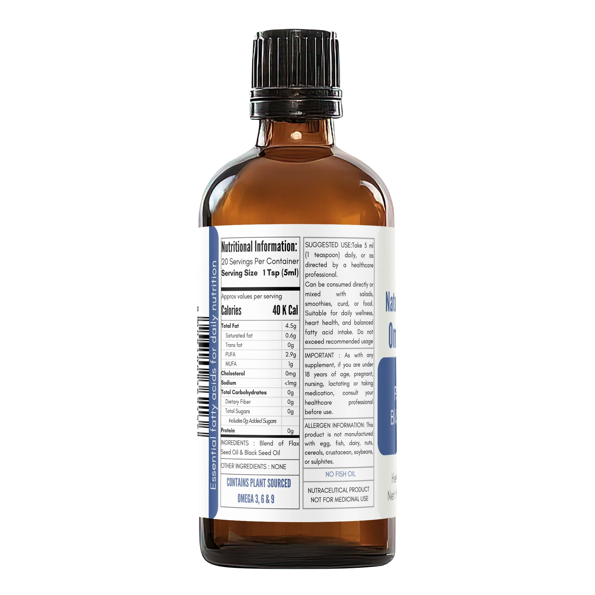 Nutrition facts and ingredients label of flaxseed and black seed oil omega 3 6 9 supplement