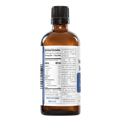 Nutrition facts and ingredients label of flaxseed and black seed oil omega 3 6 9 supplement