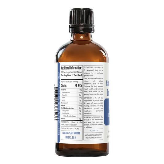 Nutrition facts and ingredients label of flaxseed and black seed oil omega 3 6 9 supplement
