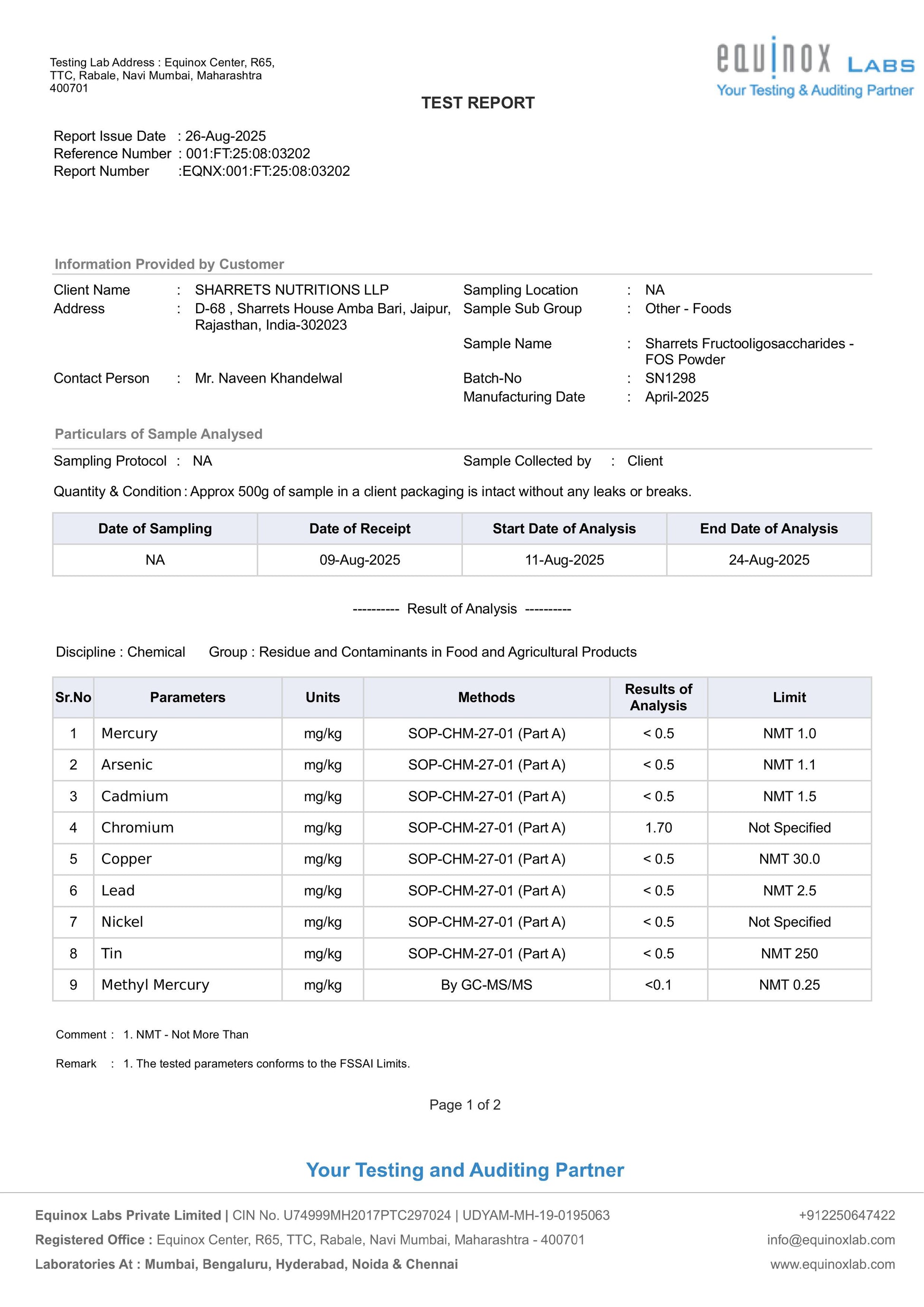 Fructooligosaccharides Prebiotic COA - sharrets