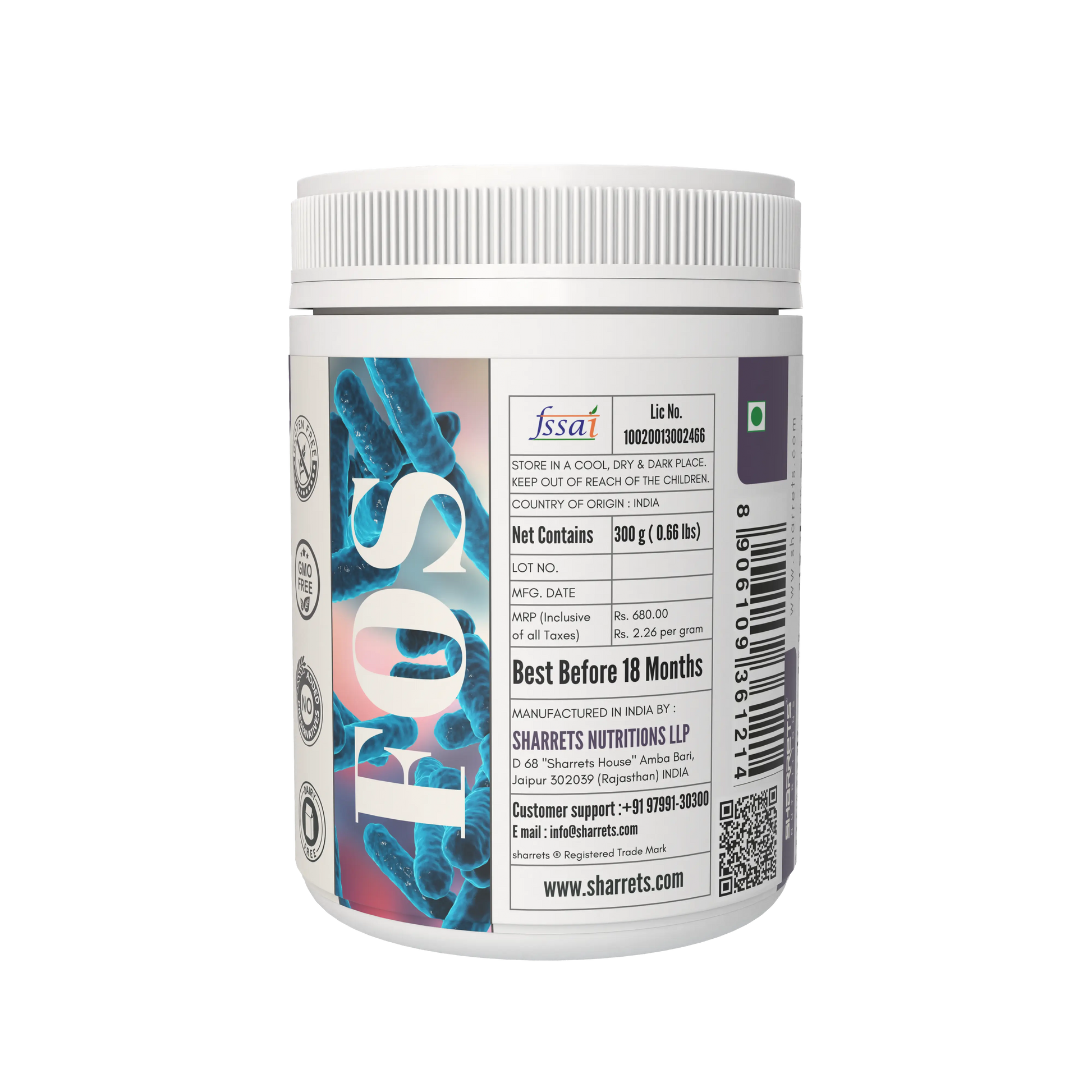 Supplement container with label on a white background - Sharrets Nutritions Fructooligosaccharides Prebiotic